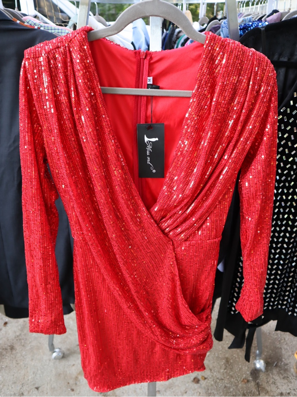 NWT Women’s Red Sequin Wrap Long-Sleeve Mini Dress
